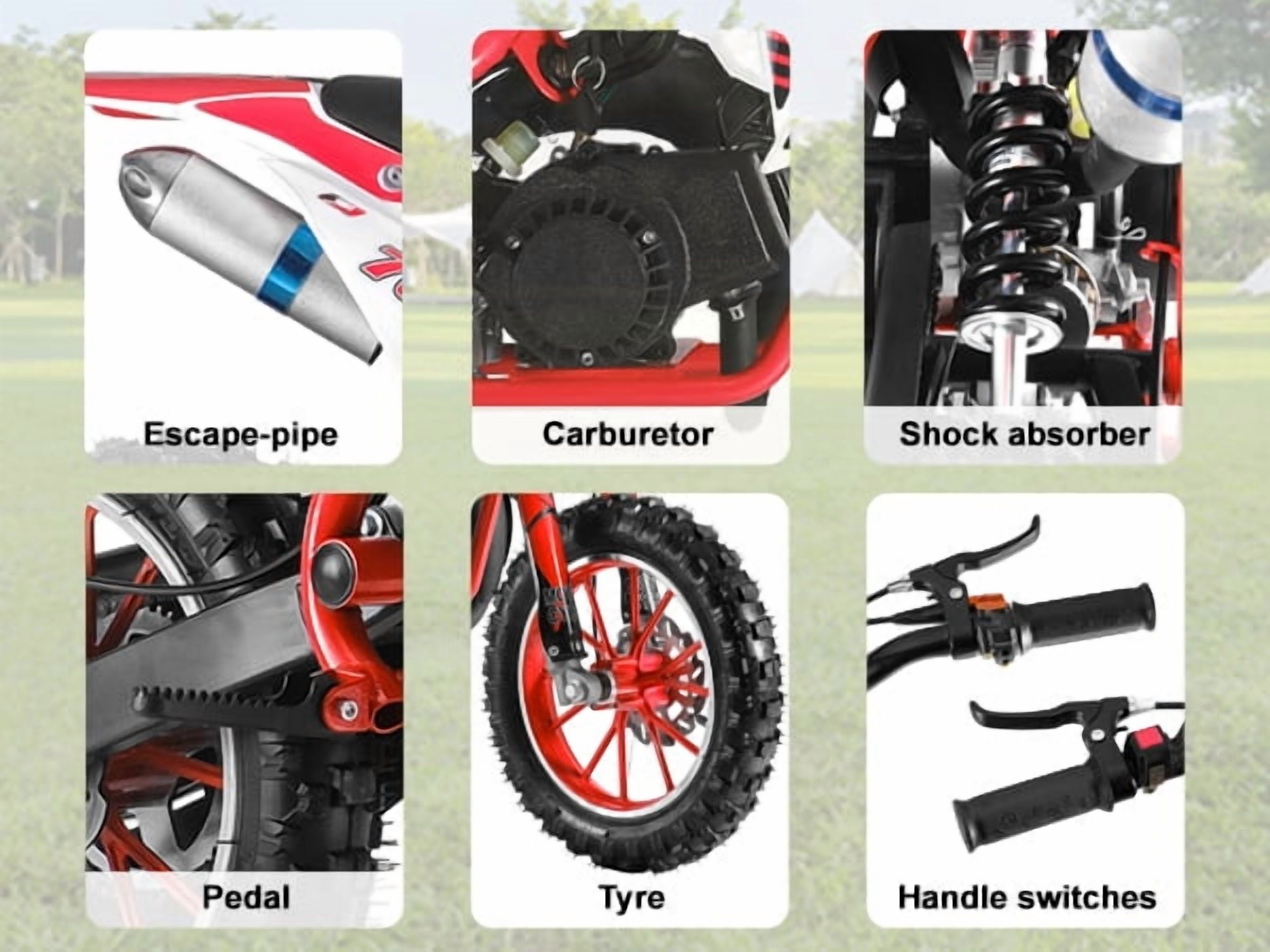 Korogimeeet 49cc 2-Stroke Red Mini Motocross, Gas Powered Off-Road Bike, 10 Inch Anti-Slip Tires, Front Rear Disc Brakes, 30KM/H Max Speed, 1.8L Fuel Tank, 150kg Load, 47 x 28 x 26 Inch