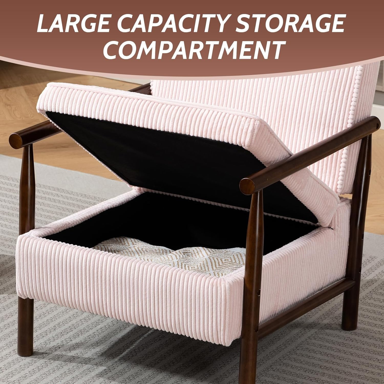 MOONMISS Accent Chair with Hidden Storage, Armchair with Solid Wood Frame, Corduroy Fabric Accent Chair for Living Room,Pink