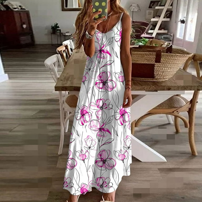 Atogsazn Summer Dresses for Women Casual Maxi Boho Floral Printed  Sleeveless A-Lined Dress V Neck Clothes Fashion Red L - Walmart.com