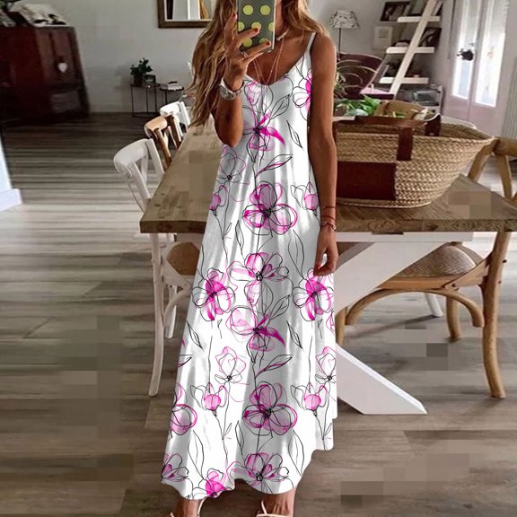 GERsome Womens Summer Bohemian Pattern Spaghetti Straps Sleeveless Casual Maxi Long Dresses