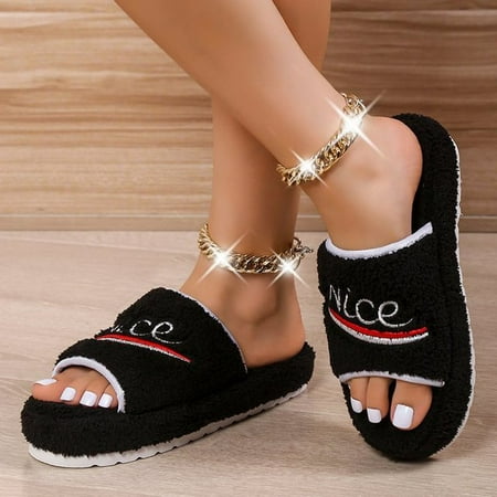

QWZNDZGR 2022 Fur Sandals Women Summer Thick Flat Slides Outdoor Sandals Girl Fashion Casual Beach Shoes Ladies Open-Toe Plus Size Shoes