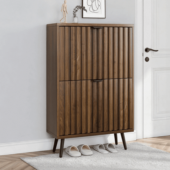 Algherohein Slim Shoe Storage Cabinet with Flip-Down Drawers,Freestanding Shoe Organizer for Entryway, Walnut 23.6"W