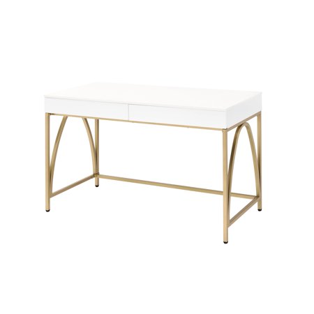 Modern Gold Finish Metal Leg Writing Desk With White High Gloss Top & 2 Drawers Wooden Legs And