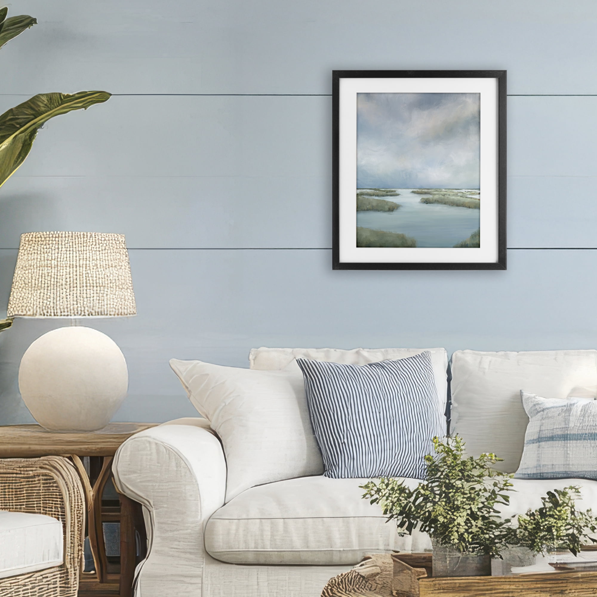 Hazy Marsh Land View Black Framed Print Under Glass, design by Leah Noel Art