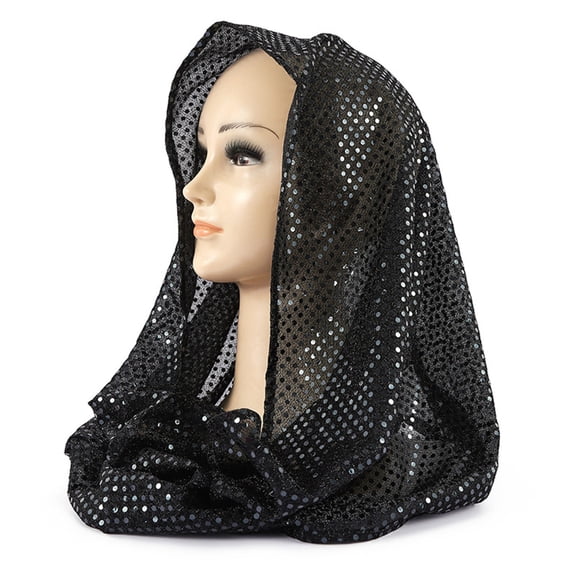 Women's Solid Color Sequin Head Scarf, Lightweight Sparkly Shawl Wrap, Sheer Glitter Scarf, Evening Party Headwear, Stage Performance Scarf, Delicate Dressy Accessory - Black
