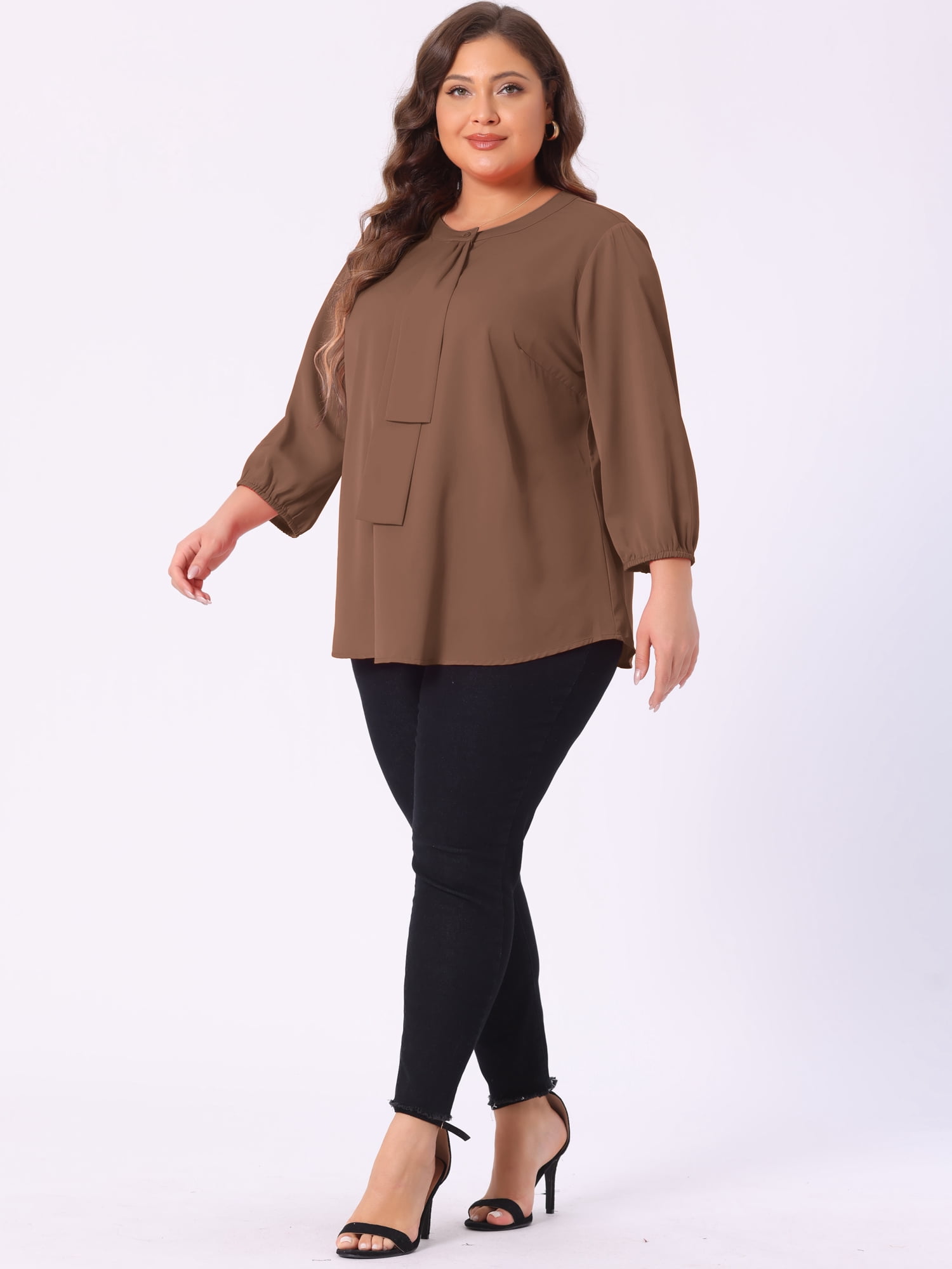 DARING DIVA Women's Plus Round Neck Work Ruffle Chiffon Top 3X Dark Brown