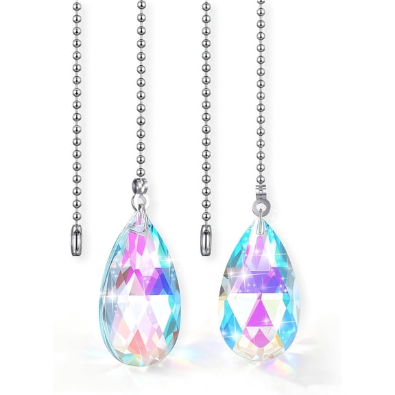 2 Pcs Crystal Ceiling Fan Pull Chains 2" Glass Water Drop Pendants with 20" Ceiling Fan Pull Chain Extender and Connector Decorative Rainbow Pulls Chain Extension for Bathroom Toilet Light Ceilings