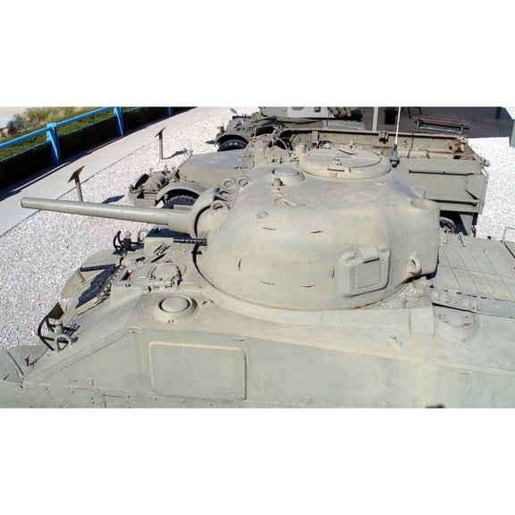 24x36 gallery poster, Sherman Tank 75 mm gun turret shows the single hatch the additional rectangular external welded on applique armor patch reinforces the ammunition bin protection on the hull side
