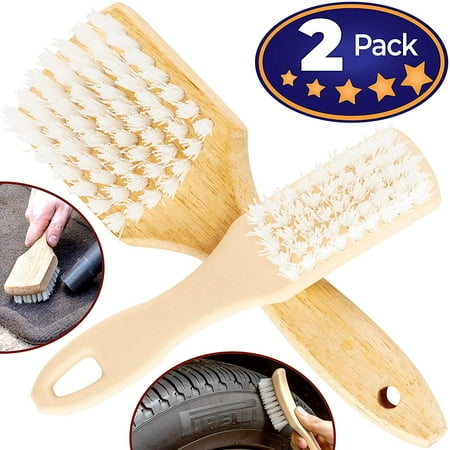 Ergonomic, Pro-Grade Tire Scrubbing Brushes 2 Pack. Easily Scrub Without Scratching Rims or Wheels, Even on Low Profile Sidewalls. Durable Bristles are Great for Floor Mats, Tires, or Home