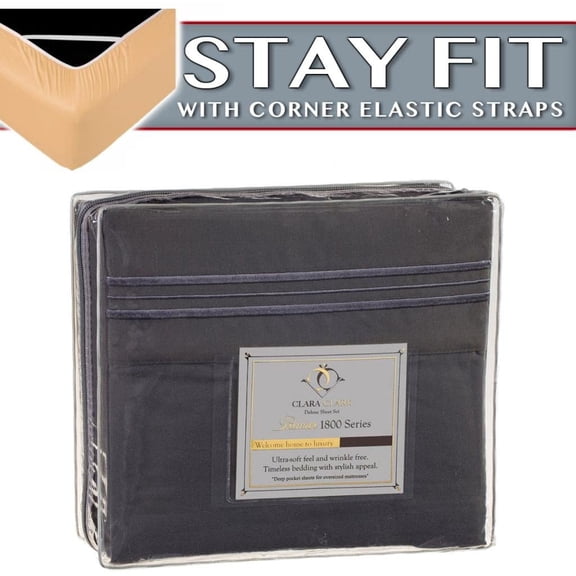 Queen Bed Sheet Set with Elastic Corner Straps Charcoal Stone Gray