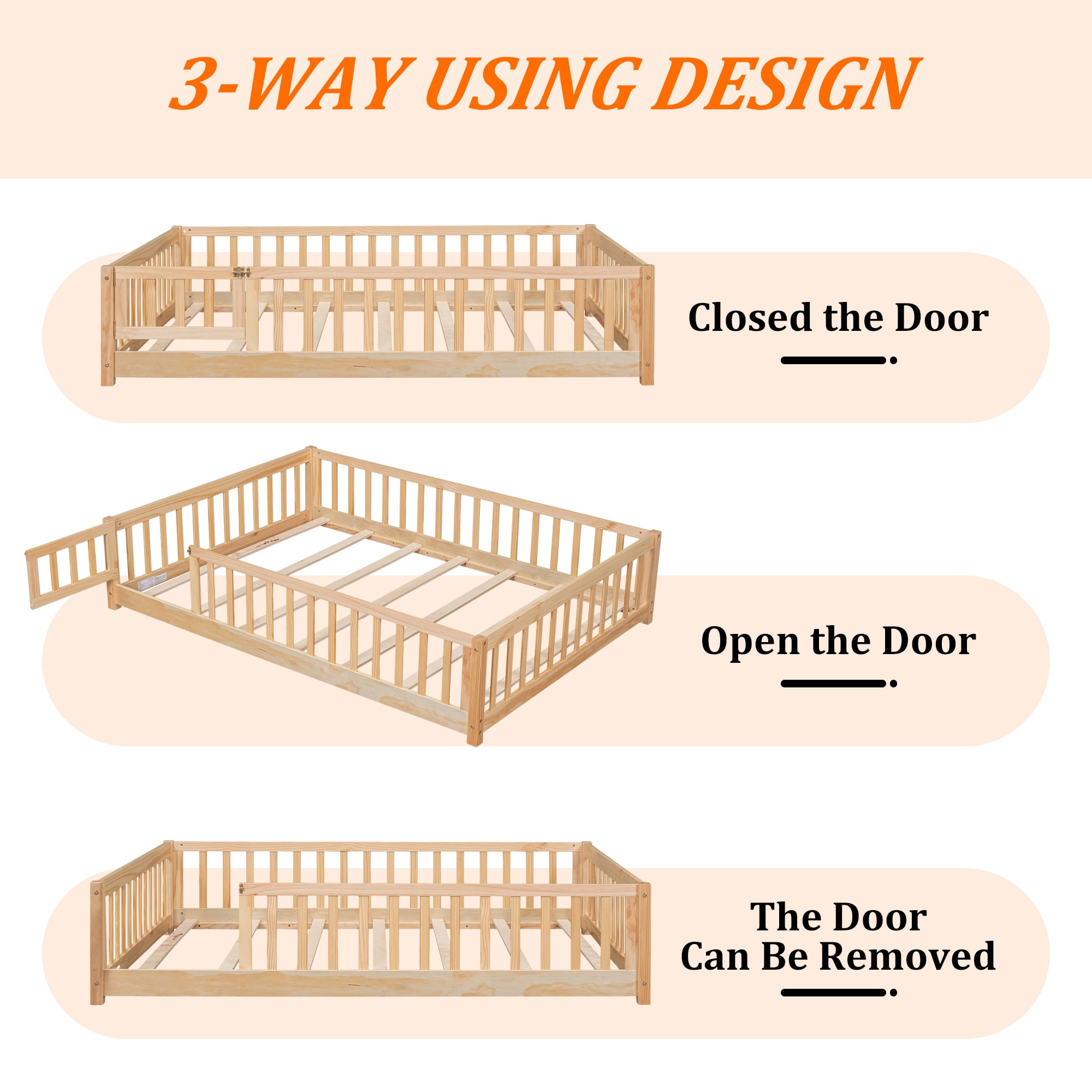 UHOMEPRO Full Size Floor Bed with Fence and Door, Low Profile Montessori Floor Bed for Crib Transition, Solid Wood Cute Bed Frame with Slats Supports, Easy Assembly, No Box Spring Needed, Natural