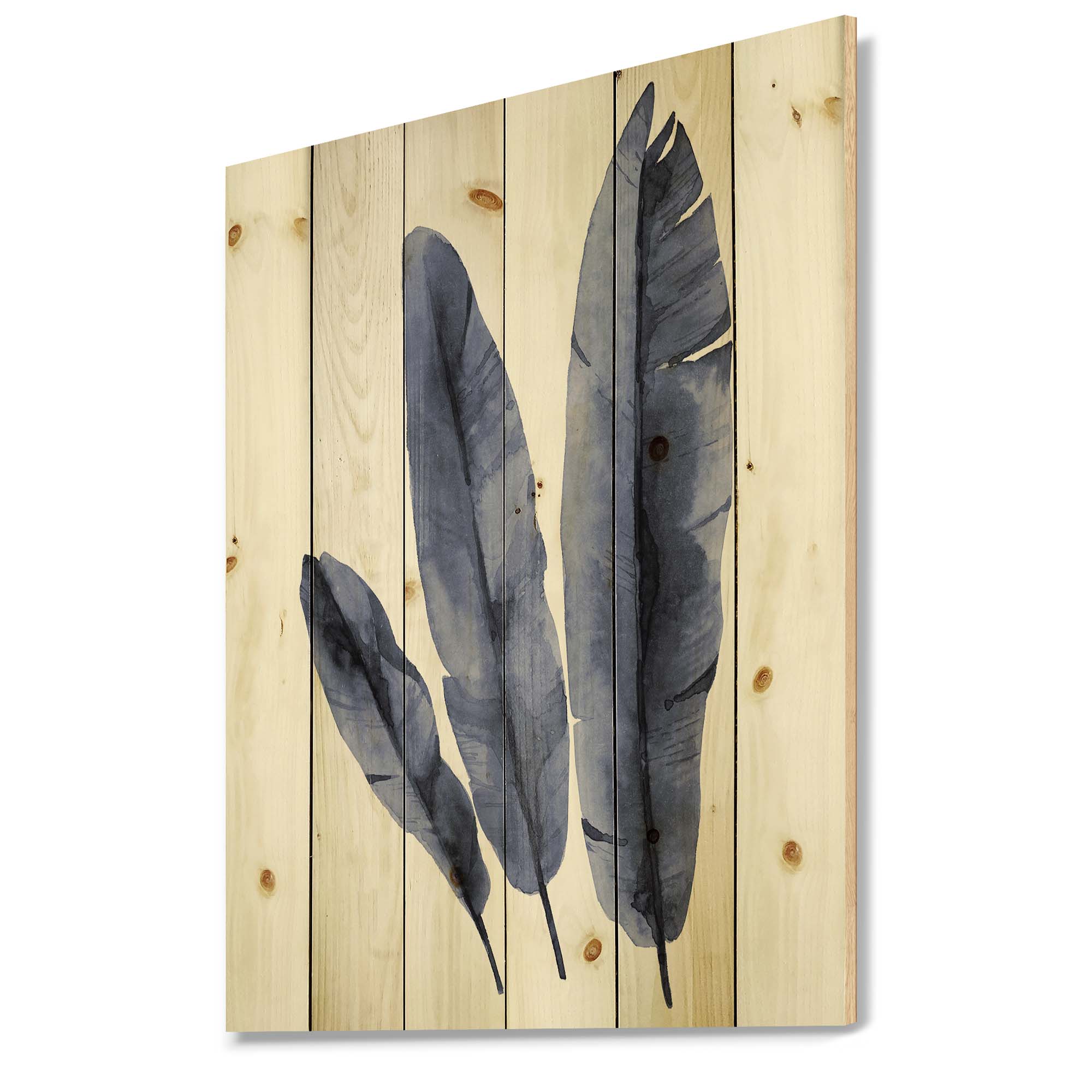 Designart 'Navy Blue Tropical Banana Leaves On White' Tropical Print on Natural Pine Wood