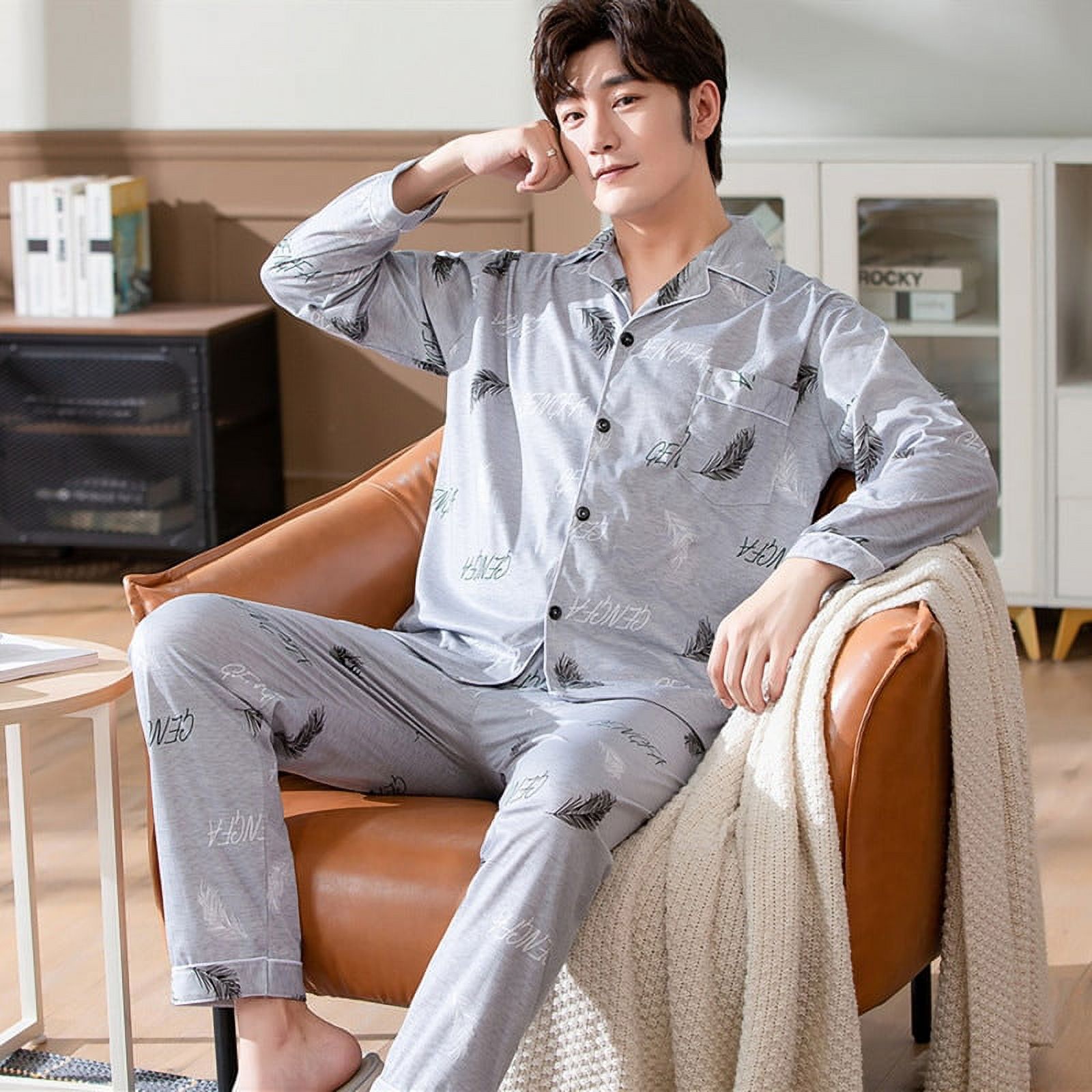 DanceeMangoo New Style Mens Pajamas Set Spring Autumn Warm Cotton men Pajamas Sets Long Sleeve Sleepwear Top Pant Leisure Wear Cloth Walmart
