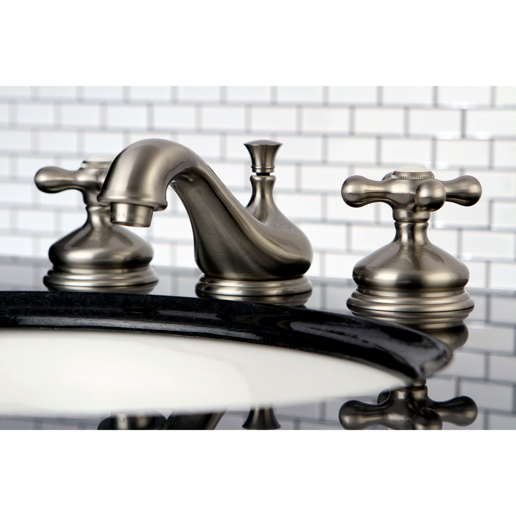 Kingston Brass KS1168AX Heritage Two-Handle 3-Hole Deck Mount Widespread Bathroom Faucet with Brass Pop-Up in Brushed Nickel