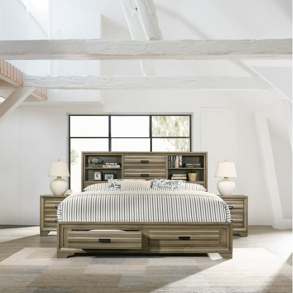 Loiret Light Gray Finish 3-Piece Wood Bedroom Set with King Size Storage Bed with Two Nightstands