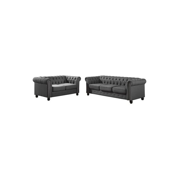 Best Master Furniture Venice 2 Piece Upholstered Sofa Set, Charcoal