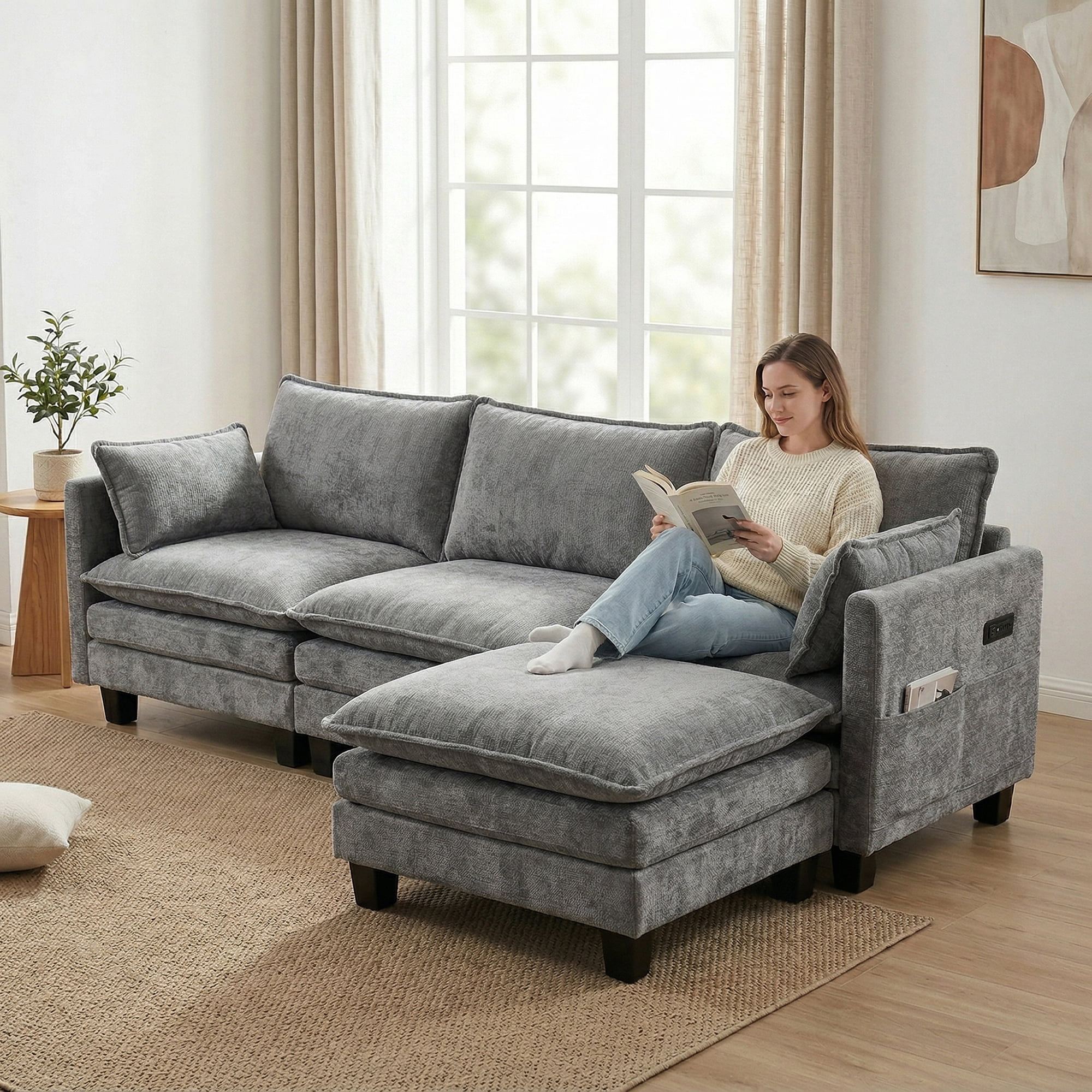 Howcool 110"W Modern Chenille Sectional Sofa with Ottoman,L-Shaped Modular Sofa Couch with USB Ports for Living Room,Dark Grey