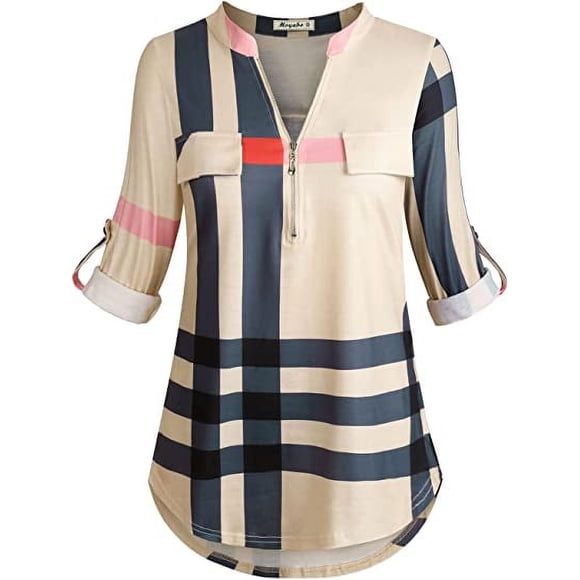 Women's 3/4 Cuffed Sleeve Zipped V Neck Plaid Tunic Shirt Blouses XL