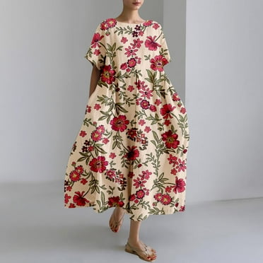 HCURIBAD Clearance! Date Night Outfit, Women's Retro Botanical Floral Design Printed Casual Loose Dress with Pocket, Women's Casual Dress, Floral Dress for Women, Midi Dress Pink S