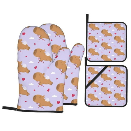 

Oven Mitts and Pot Holders Sets 4 pcs - Valentine s Day Capybaras Heat Resistant Silicone Oven Gloves with Non-Slip Silicone Surface and hot pads for kitchen Baking Cooking BBQ