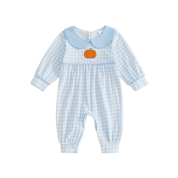 RUINIXCW Newborn Baby Boy Girl Halloween Outfit Baby Girls Boys Fall Clothes Blue Plaid Bubble Romper Cute Pumpkin Embroidered Long Sleeve Doll Collar Jumpsuit