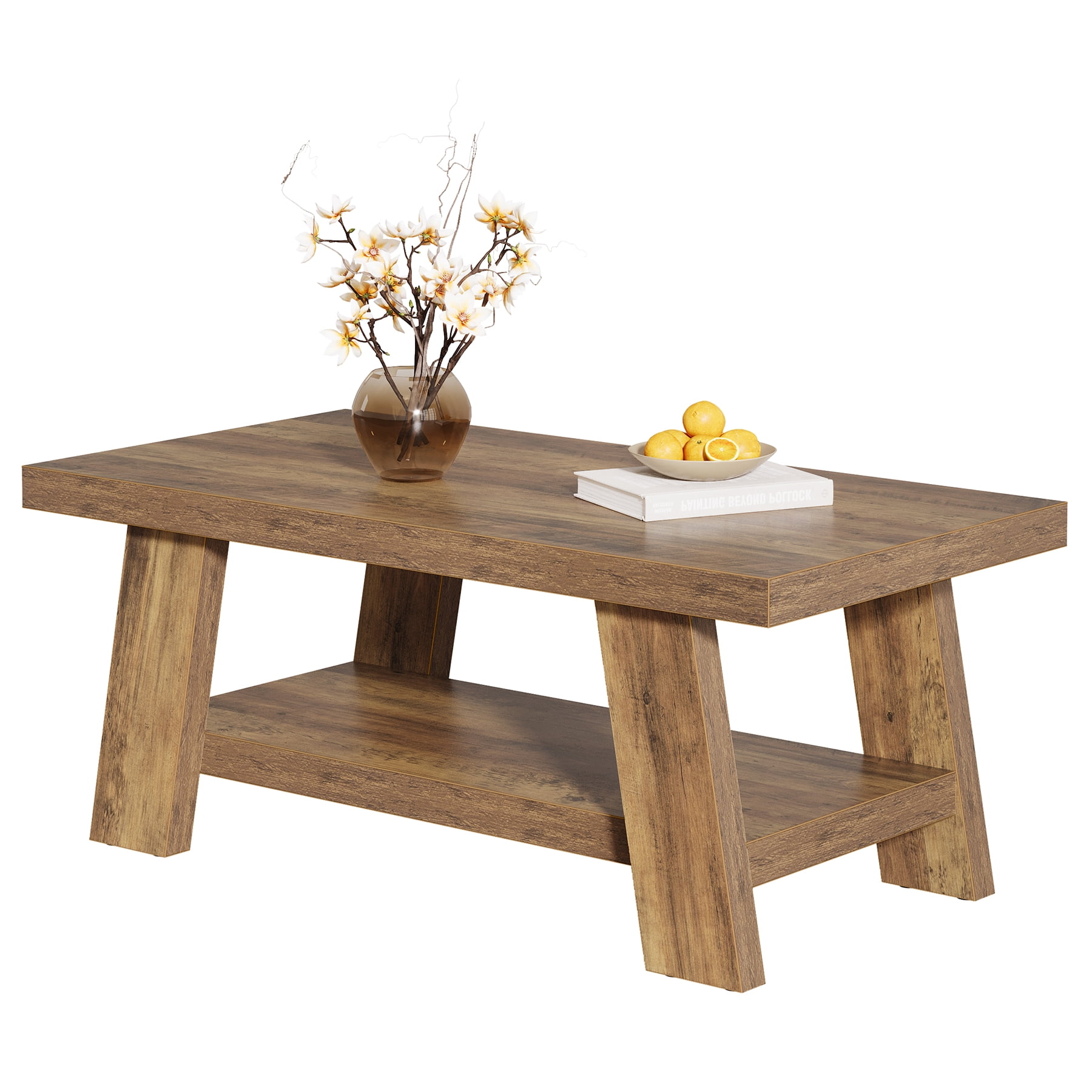 Fnova 47 Inch 2-Tier Farmhouse Coffee Table with Storage Shelf, Rectangle Center Table, Cocktail Tea Table for Living Room, Apartment, Home Office