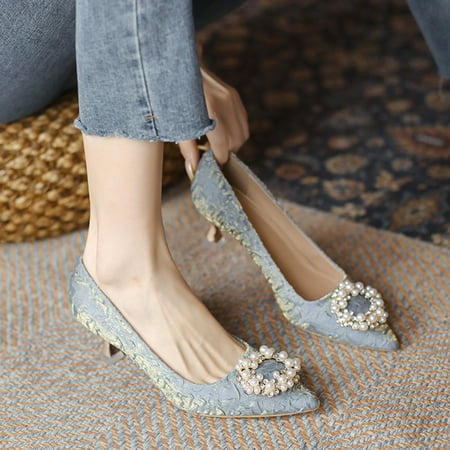 

Women‘s Circle Faux Pearl Decor Kitten Heels Sexy Pointed Toe Slip On Low Heels Party Dress Pumps
