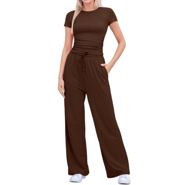2 Piece Sets For Women Summer Travel Vacation Outfits Workout Ruched Tops Wide Leg Pants Sets