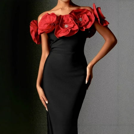 Hot off-Shoulder Three-Dimensional Large Flower off-Shoulder Hip Bag Dress Fashion Elegant Party Bandage Dress