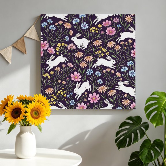 Rabbit Canvas Wall Art for Living Room, Rustic Cottagecore Nature Wildlife Floral Pink Blue Flower Poster Print Painting for Bedroom Office Gallery Decoration Wall Pictures Prepare To Hang 12"x12"