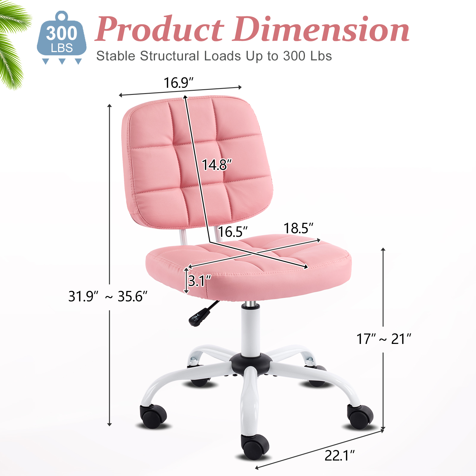 Ktaxon Armless Office Chair with Star Base PU Swivel Task Chair with 9-Grid Design for Study Room or Dressing Area Pink