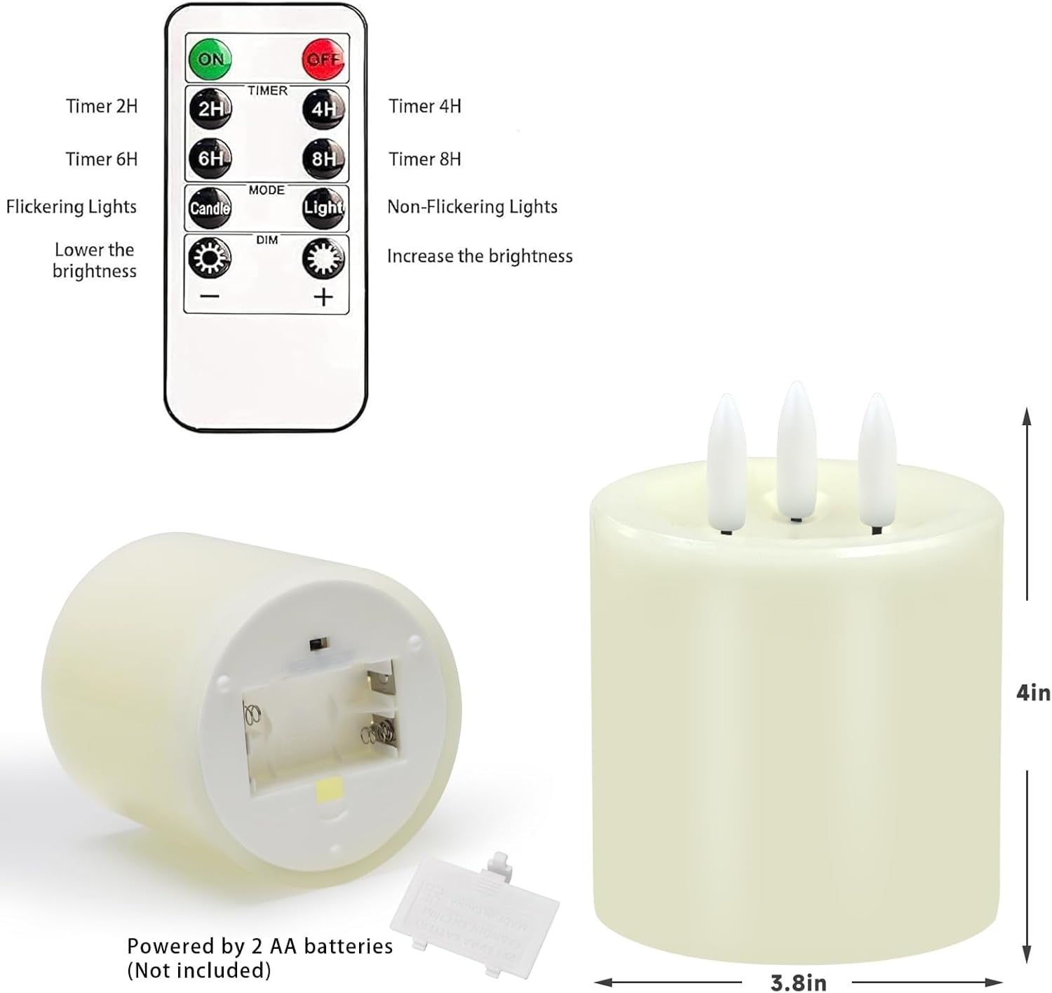 3 Wick Flameless Candles Set of 2, 4"x4" Flickering Large Flameless Candles with Remote & Timer, Dimmable Real Wax Electric Pillar Candles Battery Operated,  LED Candles for Home Wedding Xmas Decor