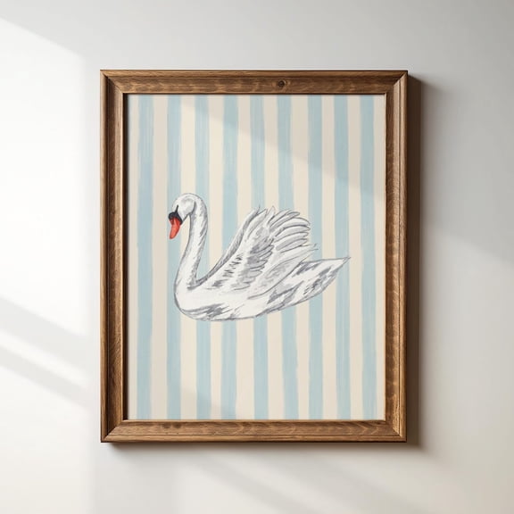 Blue Striped Swan Print Trendy Decor Vintage Painting Cottagecore Decor Nursery Wall Art Modern Wall Decor For Living Room