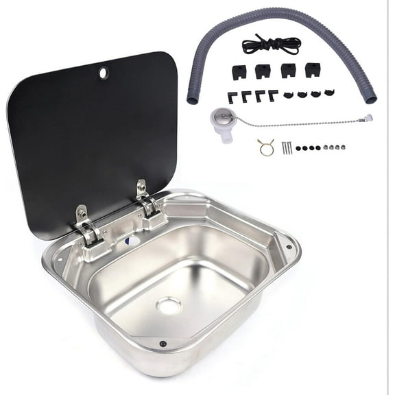 YIYIBYUS Stainless Rv Sink Drop-in Hand Wash Basin Small RV Outdoor Kitchen with Cover for Camper Van Trailer Caravan, Folding Boat Caravan Bar Lid Strainer Drain Pipe 42x37x15cm / 16.57x14.7x5.9 in