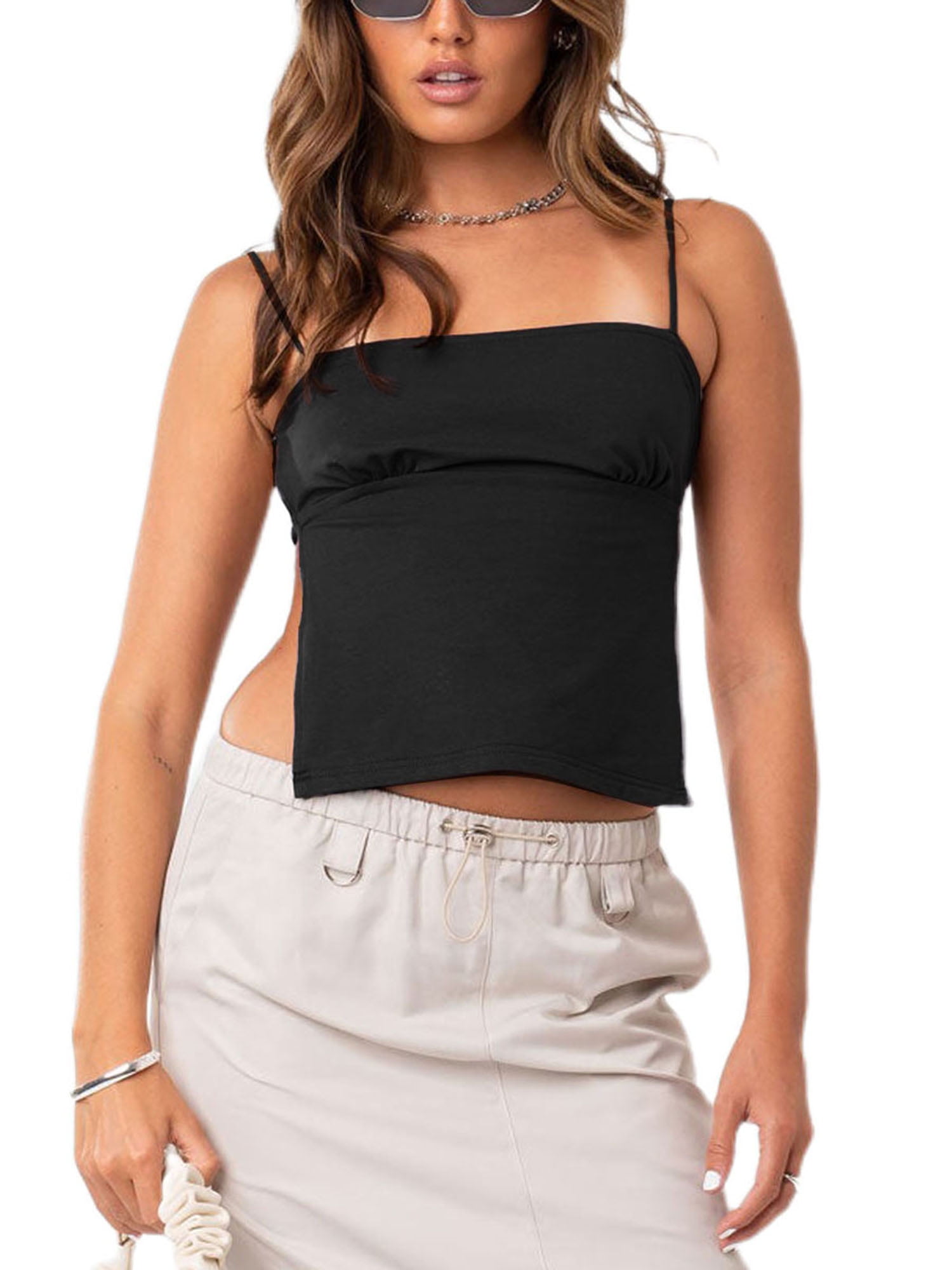 Cami Tops for Women Wide Strap Square Neck Side Slit Tank