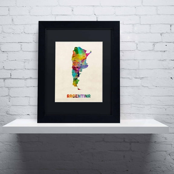 Trademark Fine Art "Argentina Watercolor Map" Canvas Art by Michael Tompsett, Black Matte, Black Frame