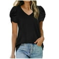 thumbnail image 2 of Vmvidoty Women Pleated Puff Short Sleeve Top Casual Summer Tops 2026 V Neck Short Puff Sleeve Pleated Cotton T Shirts Loose Dressy Blouses Black XL, 2 of 9
