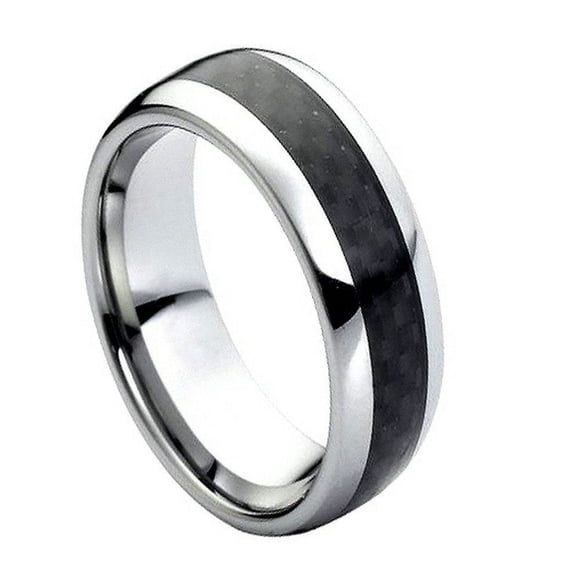 Custom Personalized Engraving Wedding Band Ring Set for Him & Her - 8mm Domed High Polished Finish, Black Carbon Fiber Inlaid Center