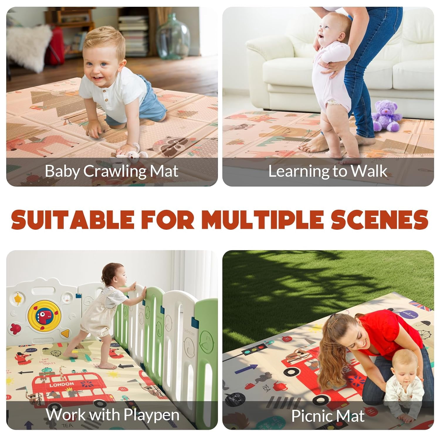 Mergren   Mat, Large(71"×47") XPE Waterproof Foam Foldable  Crawling Mat with Reversible Animal Friends Double-Sided Patterns, Anti-Slip Floor Playing Mats