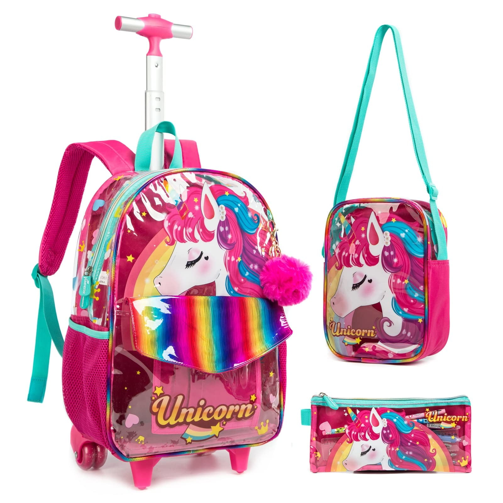 Kids Rolling Backpack for Girls Boys,4PCS Transparent See Through