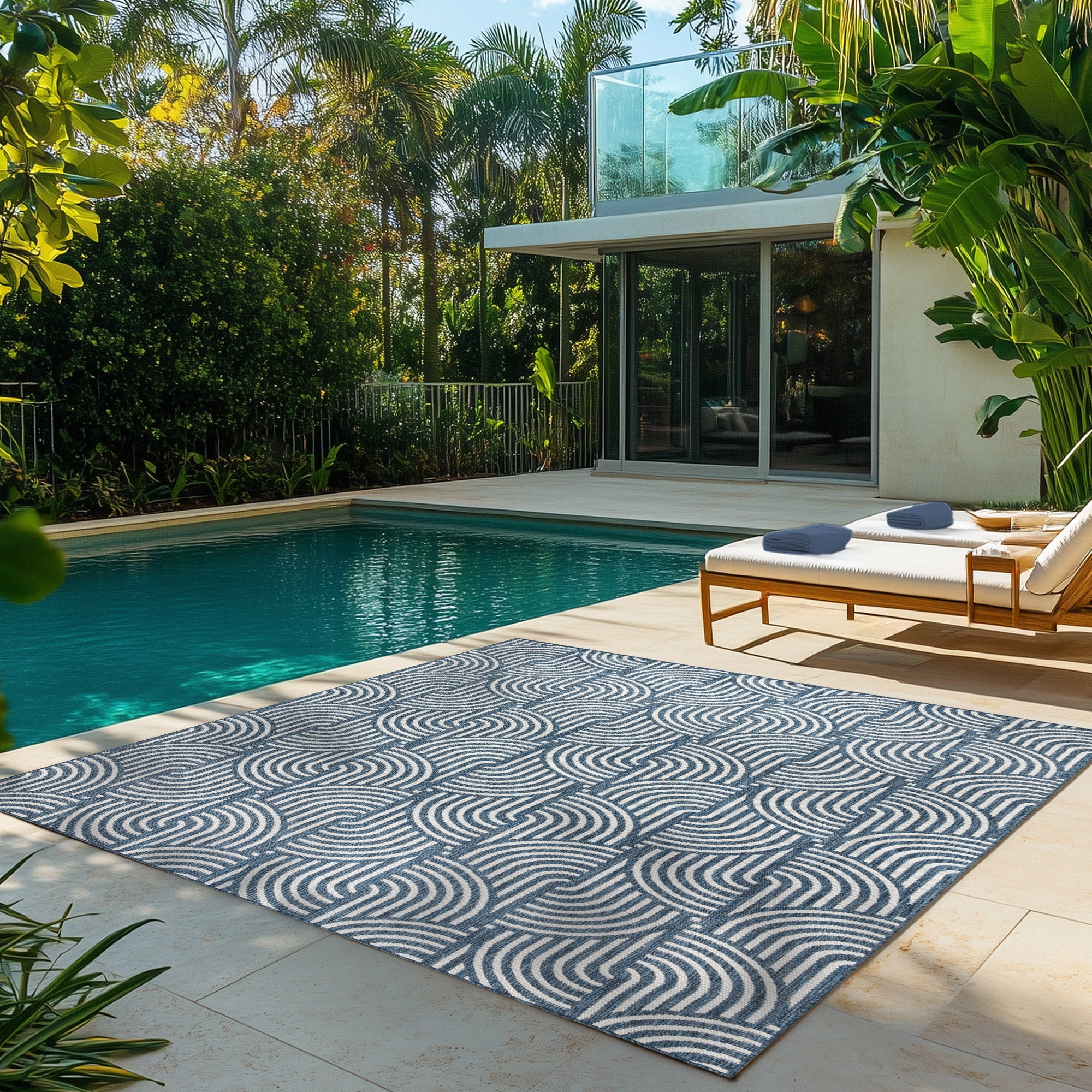 Gertmenian Tropea Mika Modern Geometric Navy Ivory Premium Flatweave UV Resistant Indoor Outdoor Area Rug, 9x13