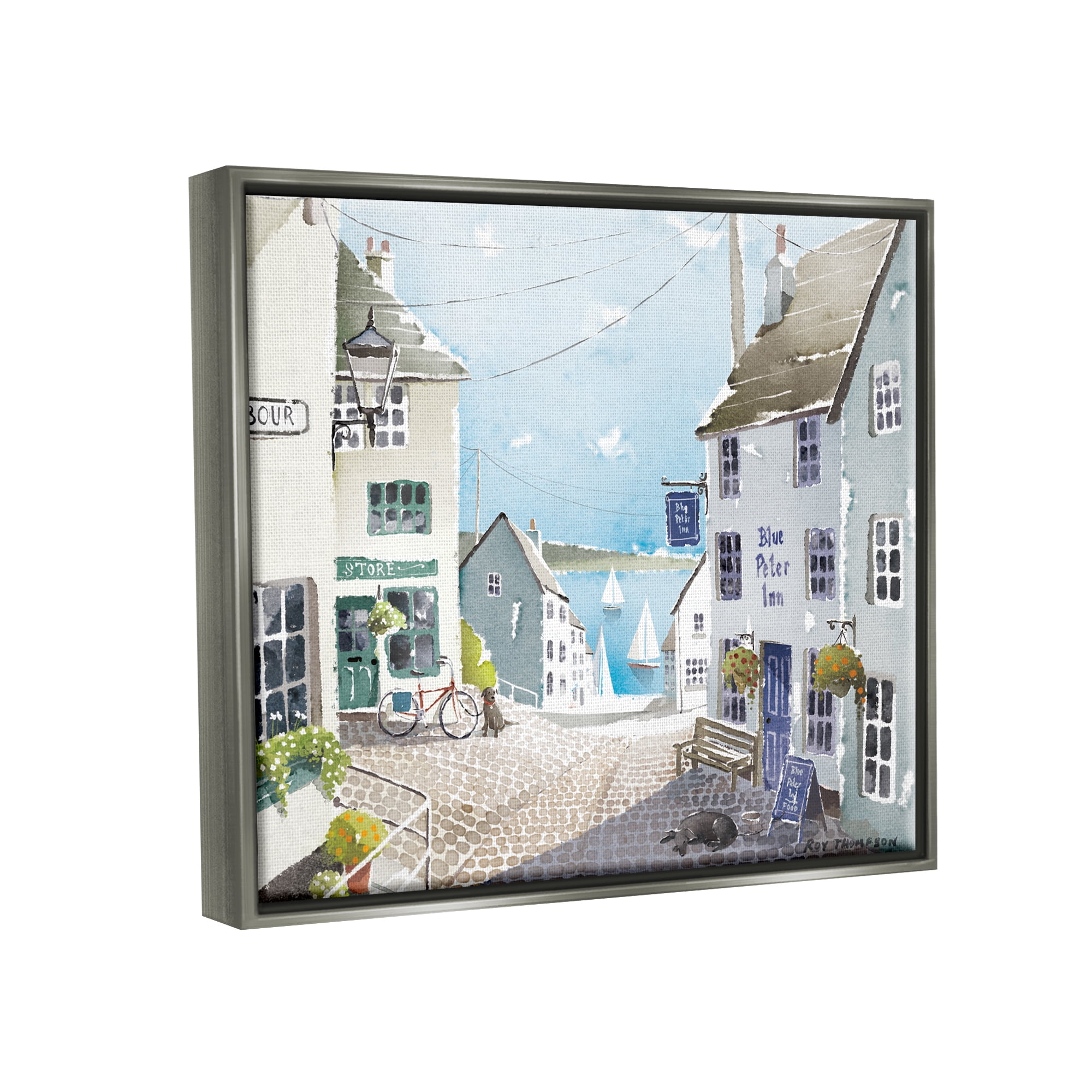Stupell Coastal Town Seaport Sailboats Landscape Painting Gray Floater Framed Art Print Wall Art