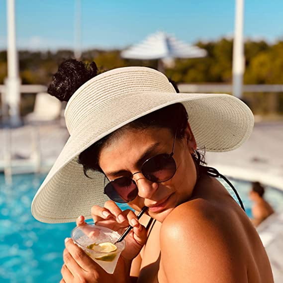 Sun Visor for Women Wide Brim Roll-up Straw Hat Women Beach