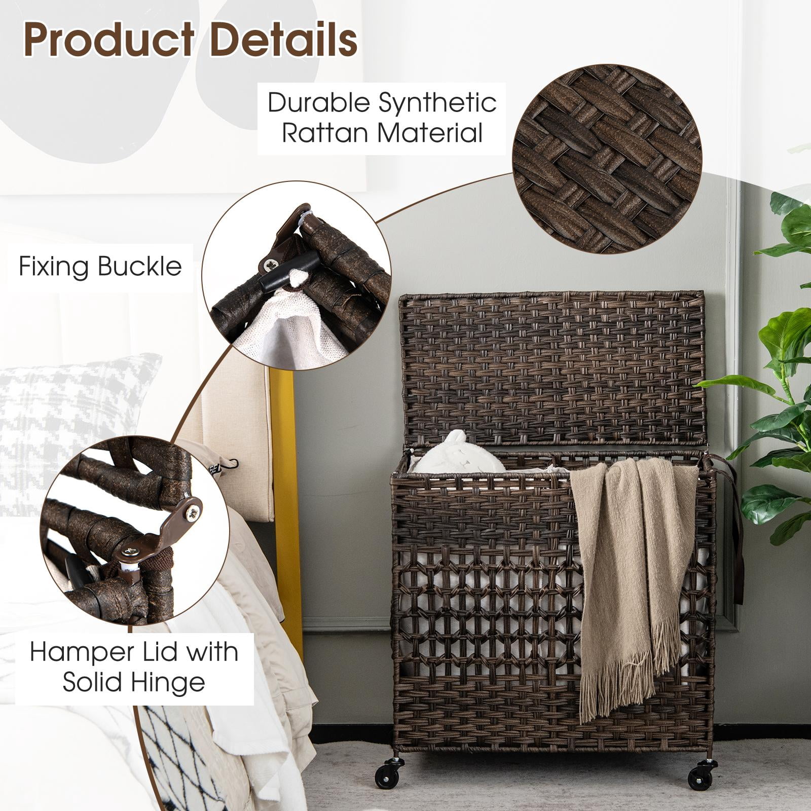 Giantex  Laundry Hamper, Basket  w/Wheels & Lid, Large Storage Clothes Basket for Home