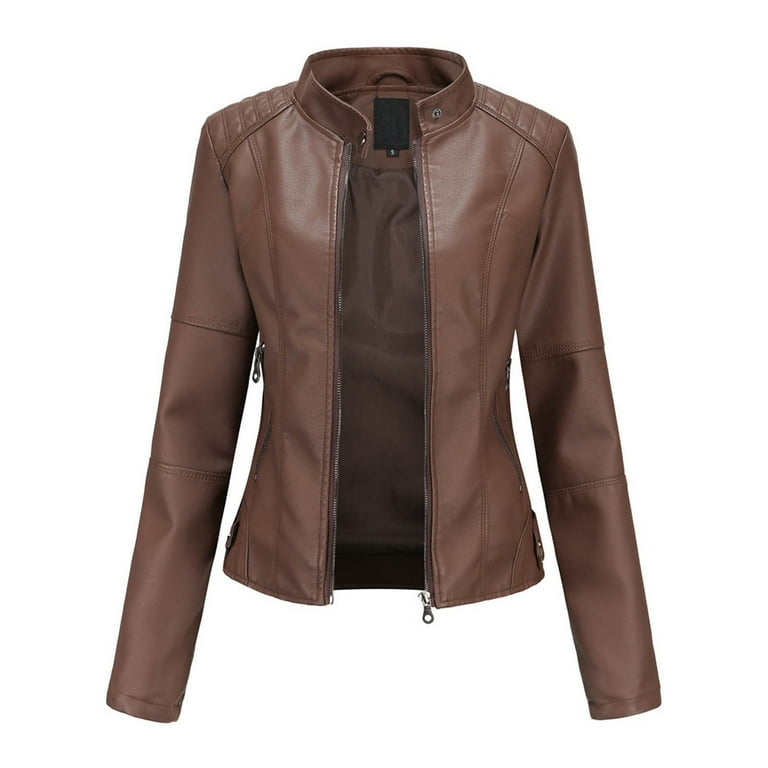 Mishuowoti winter jackets for women womens jackets coats New Ladies Slim Leather Stand Up Collar Zipper Stitching Solid Color Jacket Coffee L