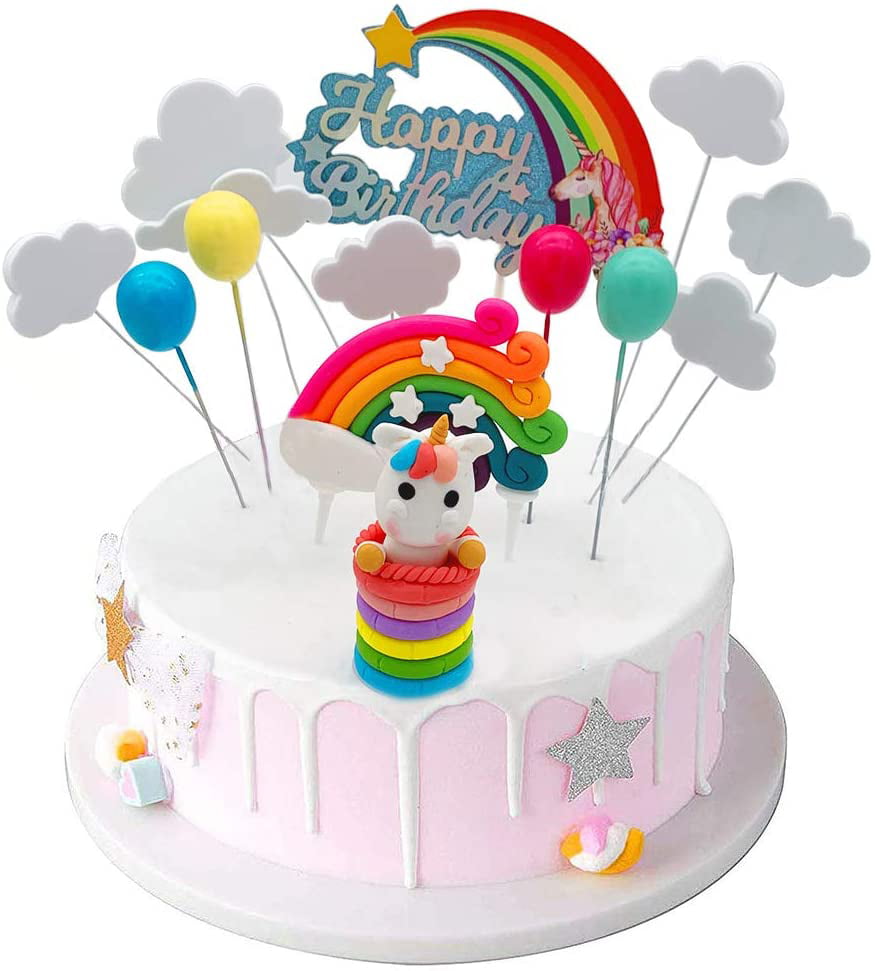 Set of 6 Kids Girls Birthday Cake Decoration Baby Shower Party Cake Decorations Cloud Rainbow And Unicorn Cake Toppers Kit 