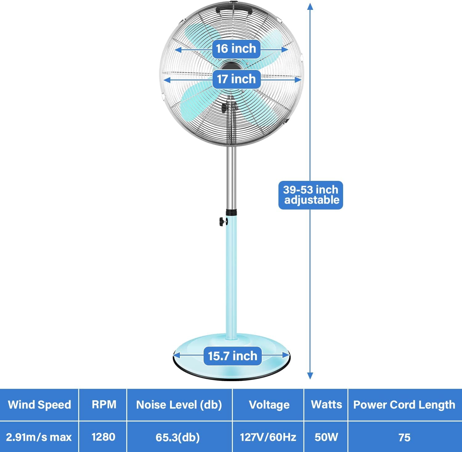 InfiniPower 16 Inch High Velocity Stand Fan, Adjustable Heights, 75°Oscillating, 3 Speeds, Green New
