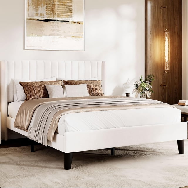 Full Size Velvet Bed Frame/Vertical Channel Tufted Wingback Headboard/Upholstered Platform Bed/Wood Slats/No Box Spring Needed/Easy Assembly/Beige