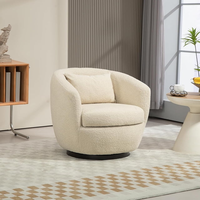 Fauteuil Tonneau Pivotant à 360° avec Rangement Fauteuil Pivotant Moderne en Cuir Bouclé Rond pour Salon (Beige)