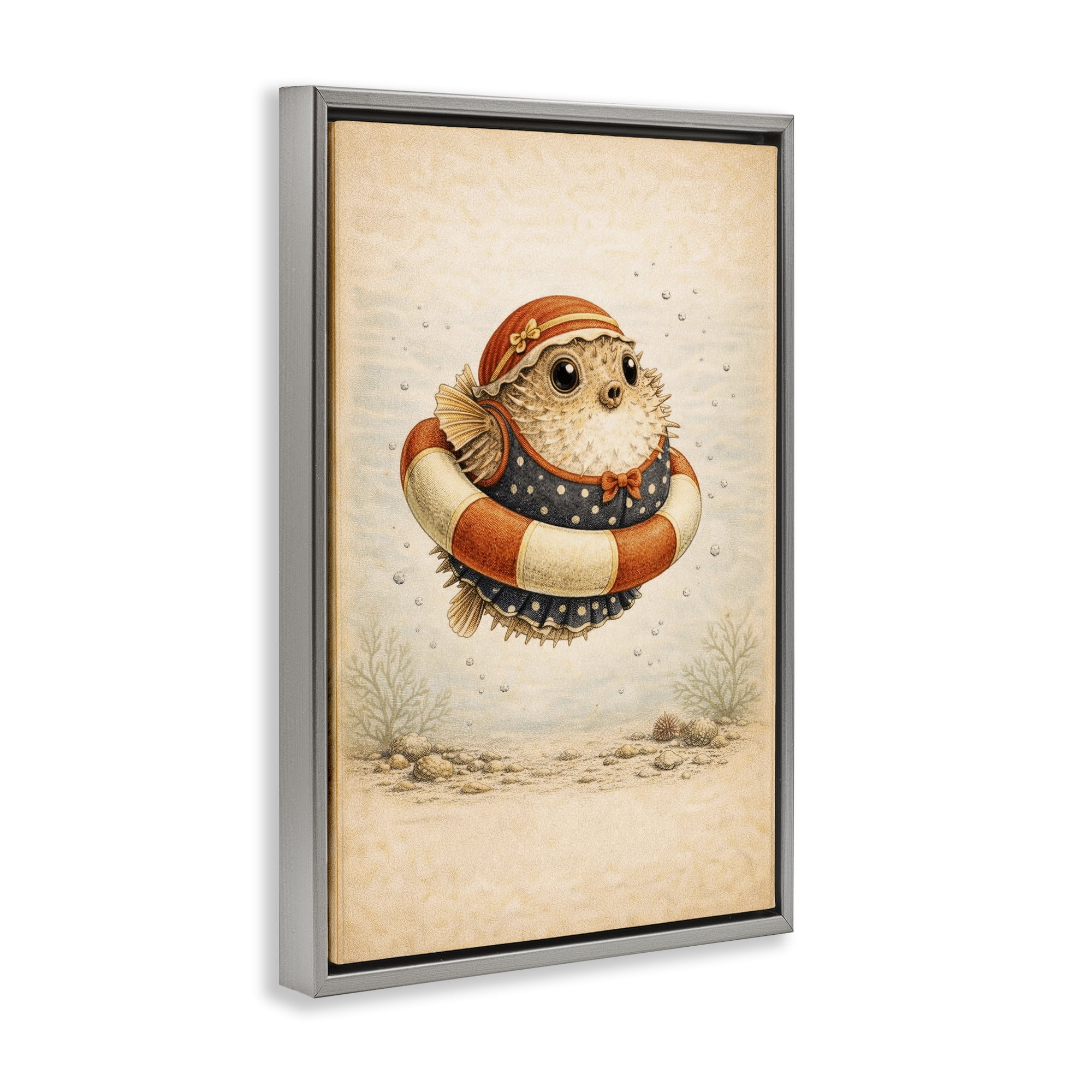 Stupell Industries Pufferfish Of Maritime Bathing Society Gray Framed Floater Canvas Wall Art, design by Grotto Studios